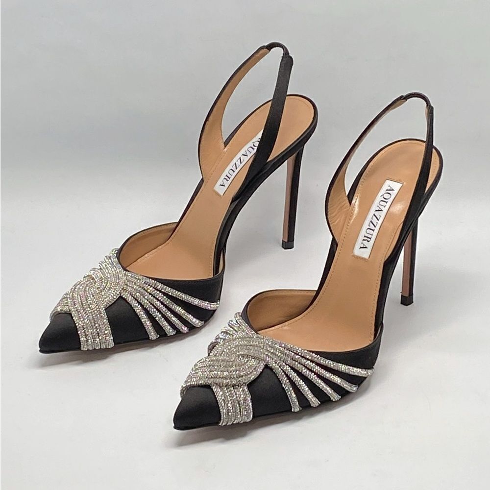 Aquazzura Gatsby Crystal-Embellished Satin Pumps size 38.5 - Picture 6 of 13